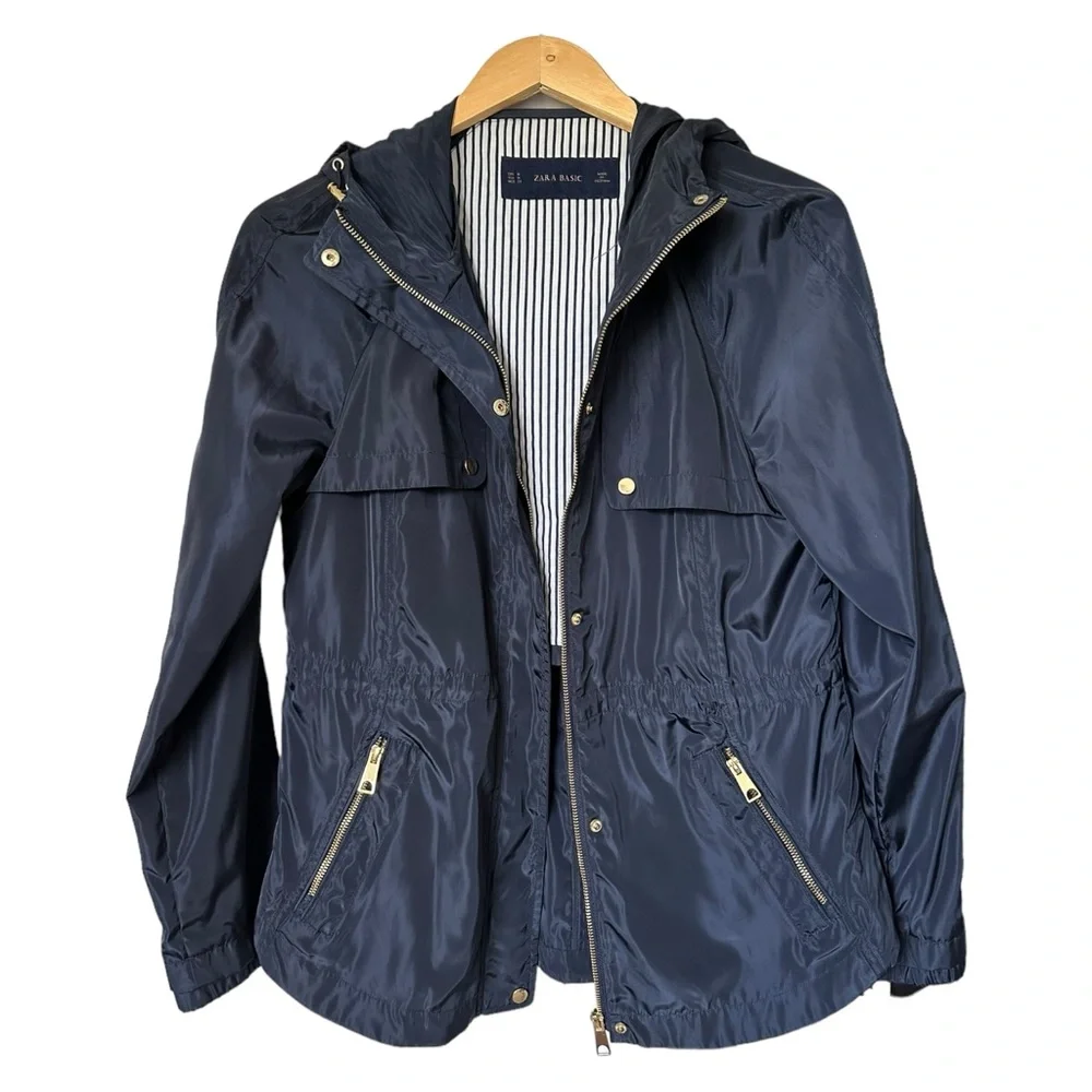 Zara Navy Blue Rain Jacket Hooded Full Zip Gold Tone Zippers & Snaps Size Medium - Picture 11 of 16